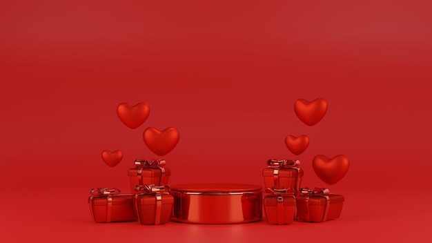 Valentinstag Konzept Podium Dekoration mit Herzform Ballon Geschenkbox 3D-Darstellung