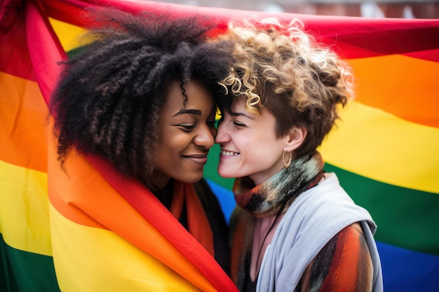 Valentinstag-Konzept Zwei Frauen umarmen sich liebevoll mit der Pride-Flagge