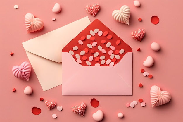 Valentinstag, Liebesherz, Romantik, Liebesbrief, Geschenke, Konzept, 3D-Rendering