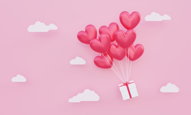 Valentinstag, Liebeskonzepthintergrund, rote 3D-Herzballons mit Geschenkbox, die in den rosa Himmel mit Papierwolke schwimmt