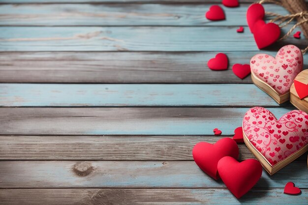 Valentinstag-Oberfläche mit Herzen auf Vintage-Holzplatte mit Kopierplatz für Text