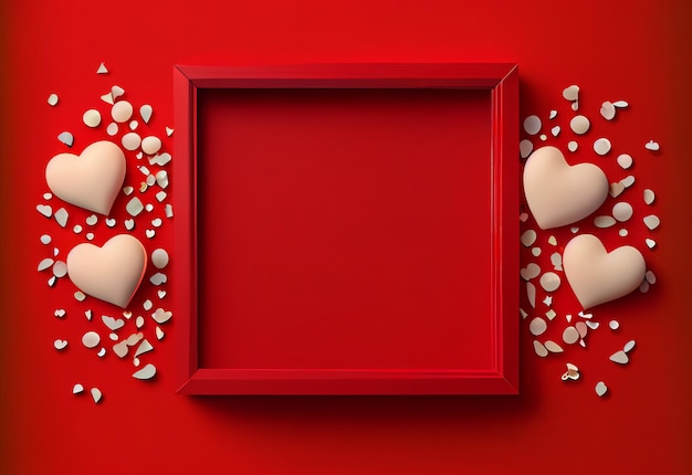 Valentinstag- oder Muttertagsschild-Bannerrahmen mit leerem Raum und festlicher Dekoration auf rotem Hintergrund. Verkaufshintergrund. Rotes Rabattplakat mit Herzverzierung. 14. Februar. Generative KI