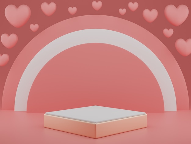 Valentinstag: Podium oder Produktstand mit Herzsymbol der Liebe auf pastellrosa Hintergrund mit Kopienraum. 3D-Rendering.