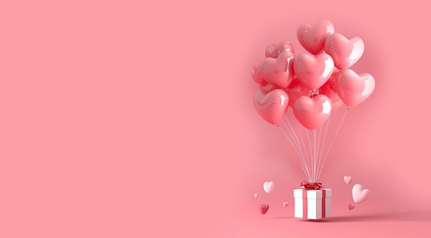 Valentinstag rosa Ballons mit Geschenkkiste auf rosa Hintergrund mit Kopierraum