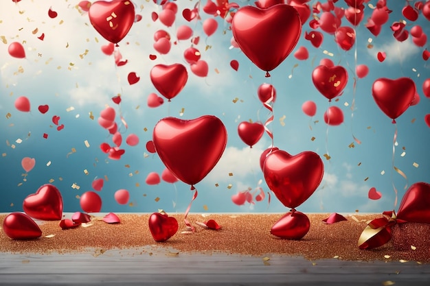 Valentinstag rote Ballons fliegen Helium rund und Herzen Form Hintergrund mit festlichen realistischen 3D-Ballons mit Band Feier Design mit Ballon Gold Glitter Konfetti Vektor-Illustration