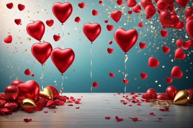 Valentinstag rote Ballons fliegen Helium rund und Herzen Form Hintergrund mit festlichen realistischen 3D-Ballons mit Band Feier Design mit Ballon Gold Glitter Konfetti Vektor-Illustration