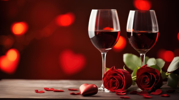 Foto valentinstag rotweinglas und rose paar herz hintergrund es gibt platz für text