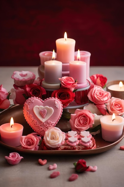 Valentinstag-Themenkerzen und Rosenarrangement