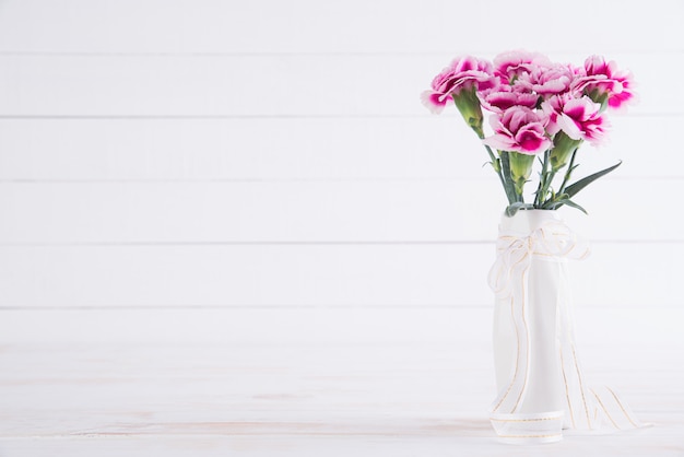 Valentinstag und Liebeskonzept. Rosa Gartennelkenblume im Vase auf Weiß.