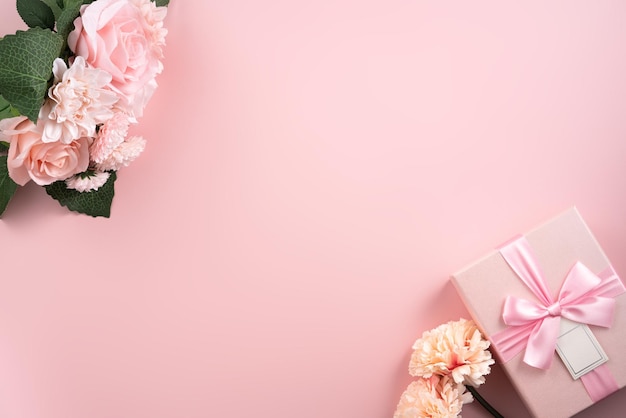 Valentinstag und Muttertag Designkonzept Hintergrund mit rosa Blume und Geschenk auf rosa Hintergrund