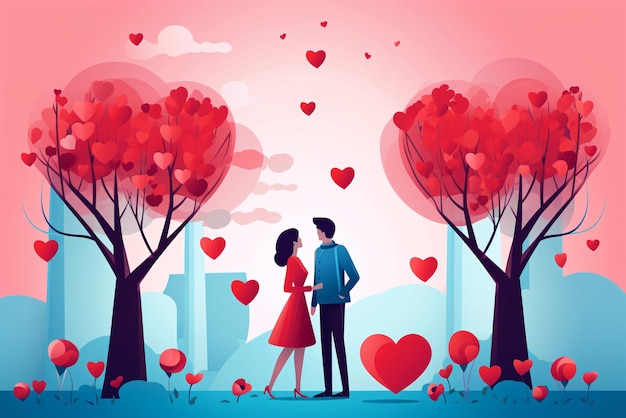 Valentinstag Wohnung Design Illustration verliebtes Paar spazieren in der Stadt Park Generative ai