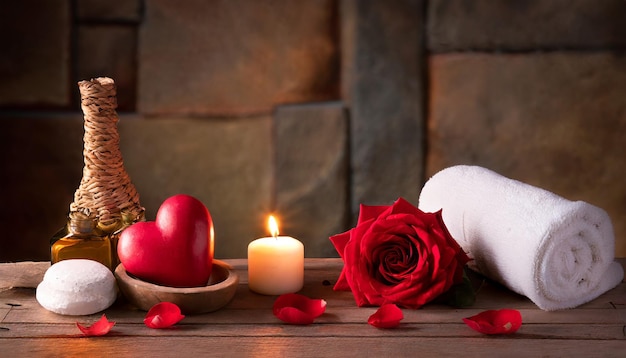 Valentinstag Zen und Entspannung mit Wellness Dekoration Spa Massage Öl und Holz Hintergrund