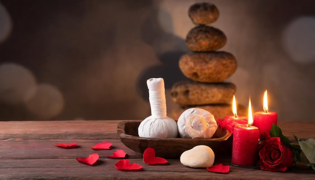Valentinstag Zen und Entspannung mit Wellness Dekoration Spa Massage Öl und Holz Hintergrund