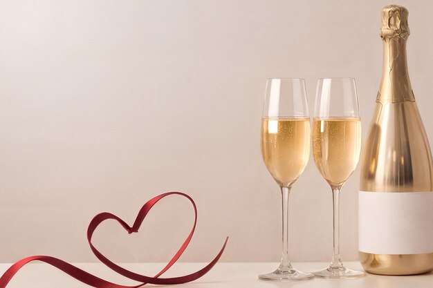 Foto valentinstag zwei gläser champagner rotes herz band mit platz für text auf einem hellen hintergrund