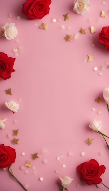 Valentinstaghintergrund mit roten Rosen und goldenem Konfetti auf Rosa