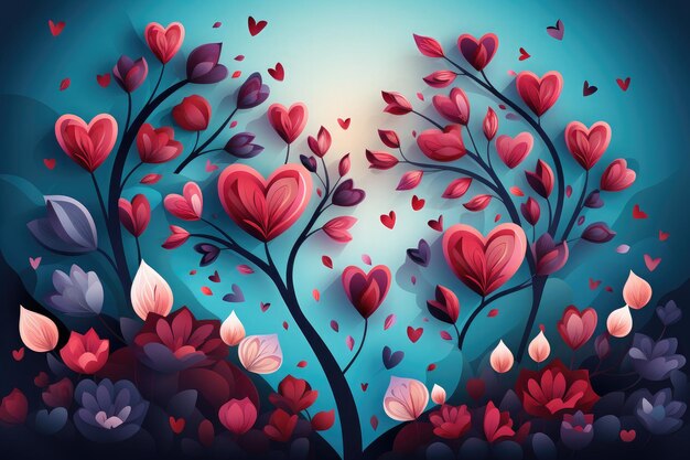 Valentinstagkarte Liebesbaum mit Herz verlässt flachen Illustrationshintergrund