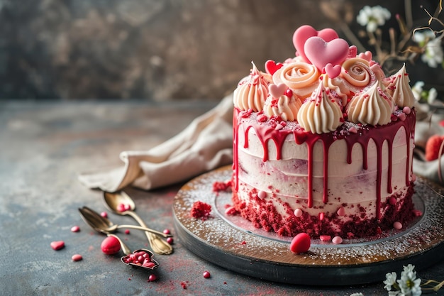 Valentinstagkuchen mit roter und rosa Creme