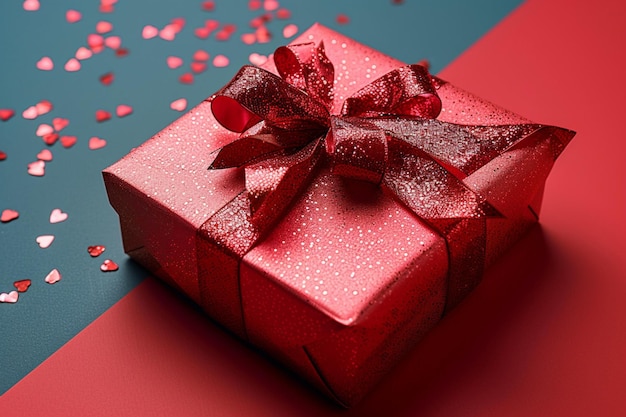 Valentinstags-Überraschung Rote Geschenkkiste mit Band auf massivem Hintergrund