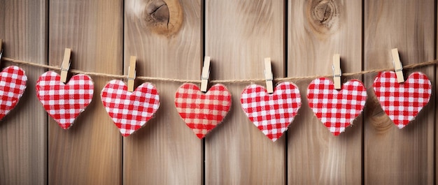 Valentinstags-Hintergrund mit Herzen und Wäscheklammern an einer Holzwand