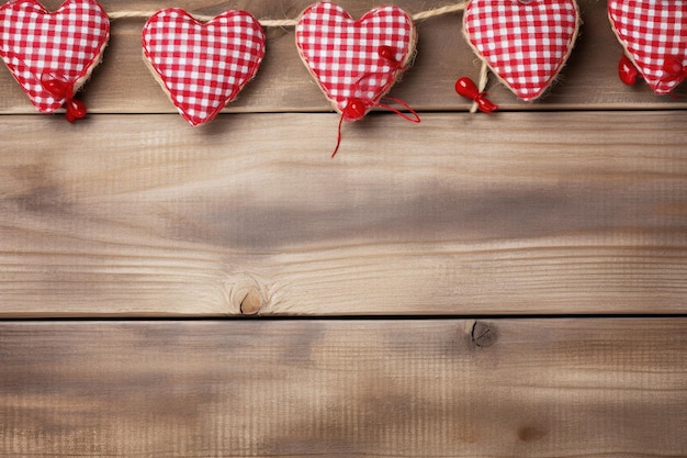 Valentinstags-Hintergrund mit Herzen und Wäscheklammern an einer Holzwand