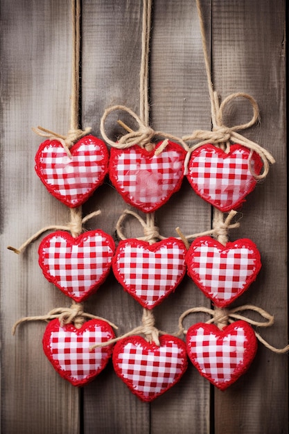 Valentinstags-Hintergrund mit Herzen und Wäscheklammern an einer Holzwand