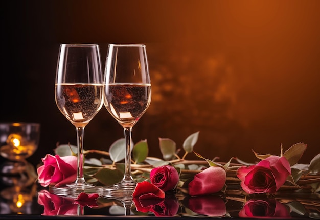 Foto valentinstags-hintergrund mit rosa champagnergläsern und rosen