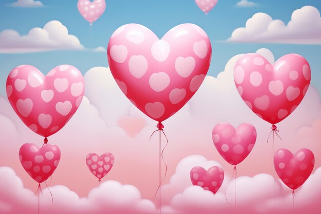 Valentinstags-Hintergrund mit rosa herzförmigen Ballons und Wolken