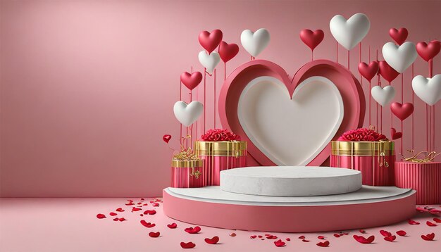 Valentinstags-Hintergrund mit rotem Herzen und Podium