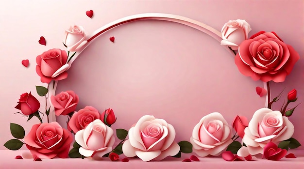 Valentinstags-Hintergrunddesign mit Rosen und 3D-farbenfrohes Herz-Konzept von Happy Rose Day