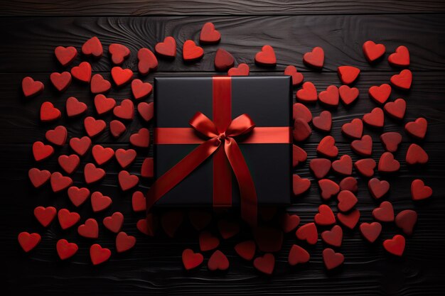 Valentinstagsgeschenk und Geschenke auf hölzernem Hintergrund im Stil von dunkelschwarz und purpurrot