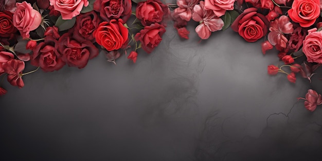 Valentinstagsgrenze mit roten Rosen und romantischen Motiven, die einen leeren Raum umgeben