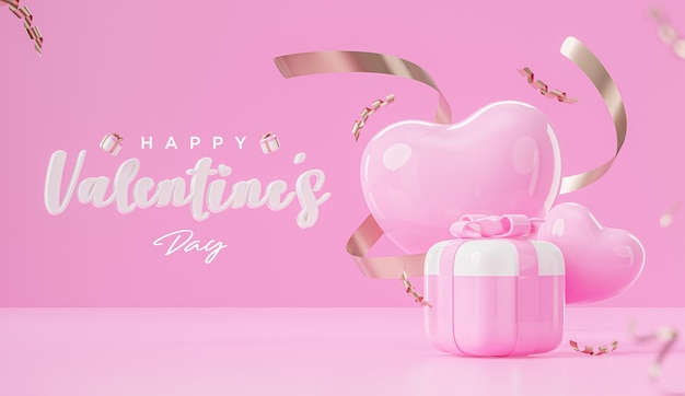 Valentinstagsgrüße in romantischer rosafarbener Geschenkbox und Herzdekorationshintergrundbanner 3d rendern