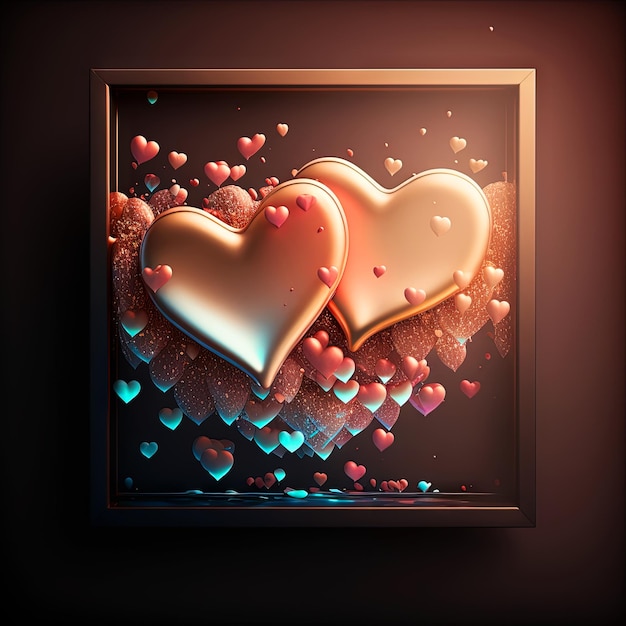 Valentinstagskarte mit glänzenden Herzen im Rahmen Lavalampe oder Herzkomposition im Glasstil für romantische Feiertage Generative KI