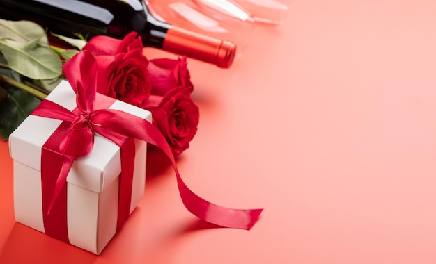 Valentinstagskarte mit Weinrosenblumen und Geschenkbox