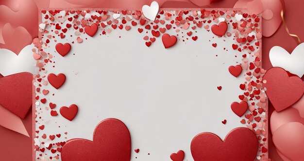 Foto valentinstagskarte mit zerstreuten roten herzen oben und unten