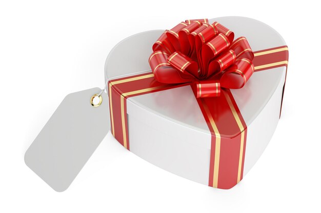 Valentinstagskonzept Geschenkkiste in Form eines Herzens mit leerem Tag 3D-Rendering