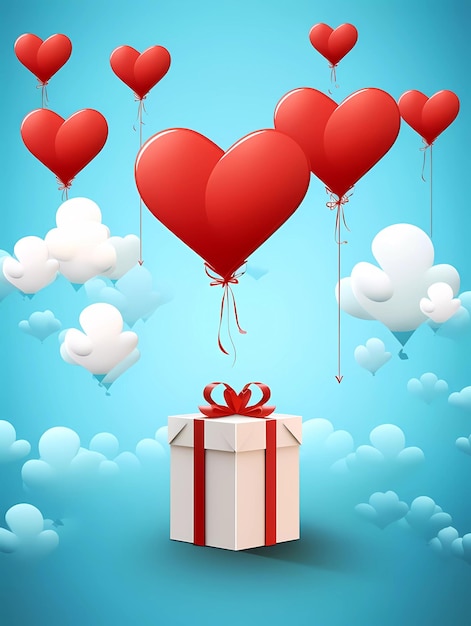 Foto valentinstagsparty-dekorationen hintergrund rote herzen ballons wolken und geschenke mit bändern auf blauem hintergrund