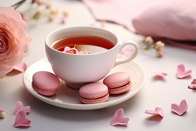 Foto valentinstagstee in einer rosa tasse und herzkekse auf einem zarten rosa hintergrund mit blumen romantischer abend zum valentinstag