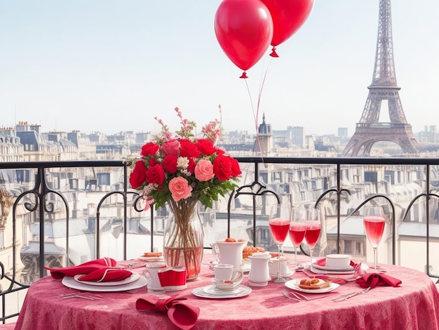 Valentinstagstisch für ein romantisches Frühstück in Paris, geschmückt mit Ballons und Blumen