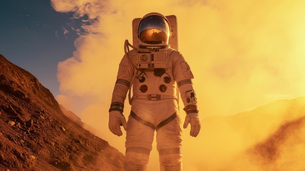 Un valiente astronauta en el traje espacial explora el planeta rojo Marte cubierto de niebla aventura