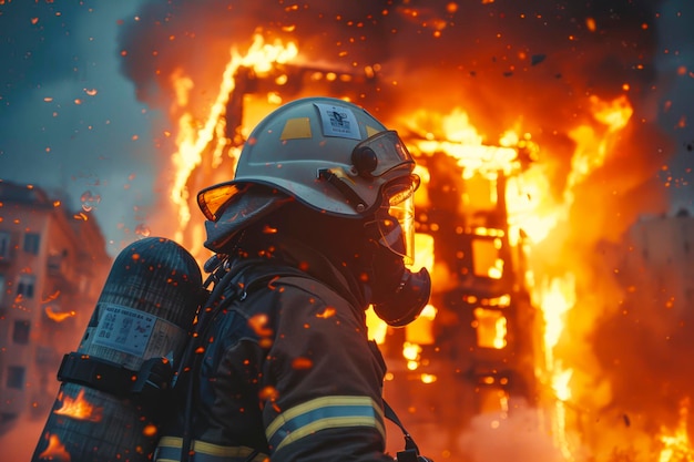 Valiente bombero en acción apagando llamas en un traje y casco de firemans