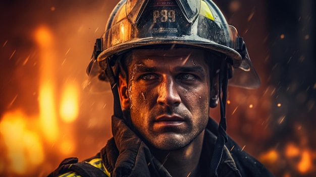 Un valiente bombero contra el telón de fondo de un edificio en llamas Retrato de un rescatista