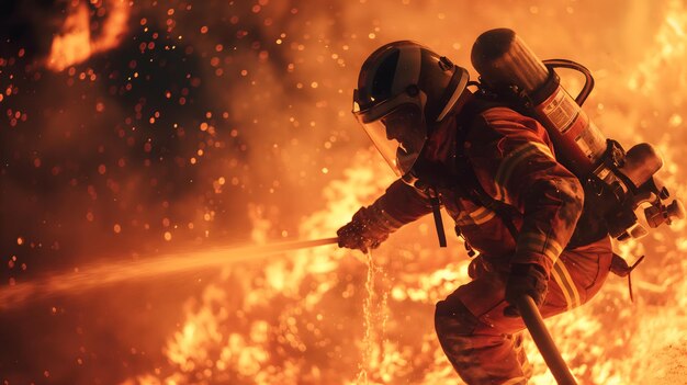 Foto un valiente bombero luchando con determinación contra un infierno furioso