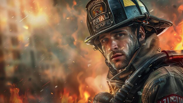 Un valiente bombero se mantiene erguido en medio del inferno furioso sus ojos llenos de determinación y resolución