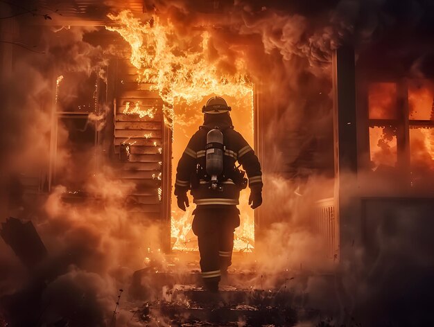 Un valiente bombero rompe un edificio en llamas en una heroica misión de rescate