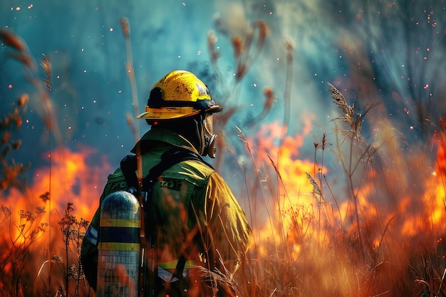 Un valiente bombero en uniforme protege a la naturaleza de las llamas