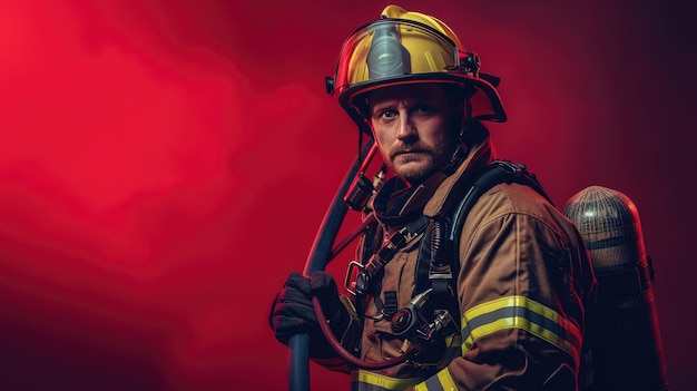 Un valiente bombero vestido con todo el equipo y sosteniendo una poderosa manguera listo para combatir las llamas y salvar vidas