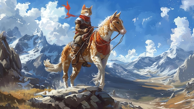 Foto un valiente caballero gato a caballo viaja a través de un paso de montaña nevado el gato lleva una bufanda roja y una expresión determinada en su cara