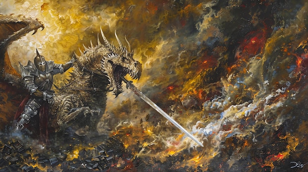 Un valiente caballero montado en un majestuoso dragón se eleva a través de un cielo vibrante su espada sostenida en alto mientras carga en la batalla