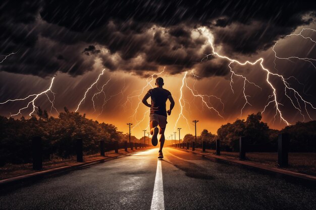 Un valiente corredor se apresura a través de los relámpagos de la noche tormentosa que iluminan el cielo oscuro mientras aprovechan el poder de la naturaleza para una carrera aventurera